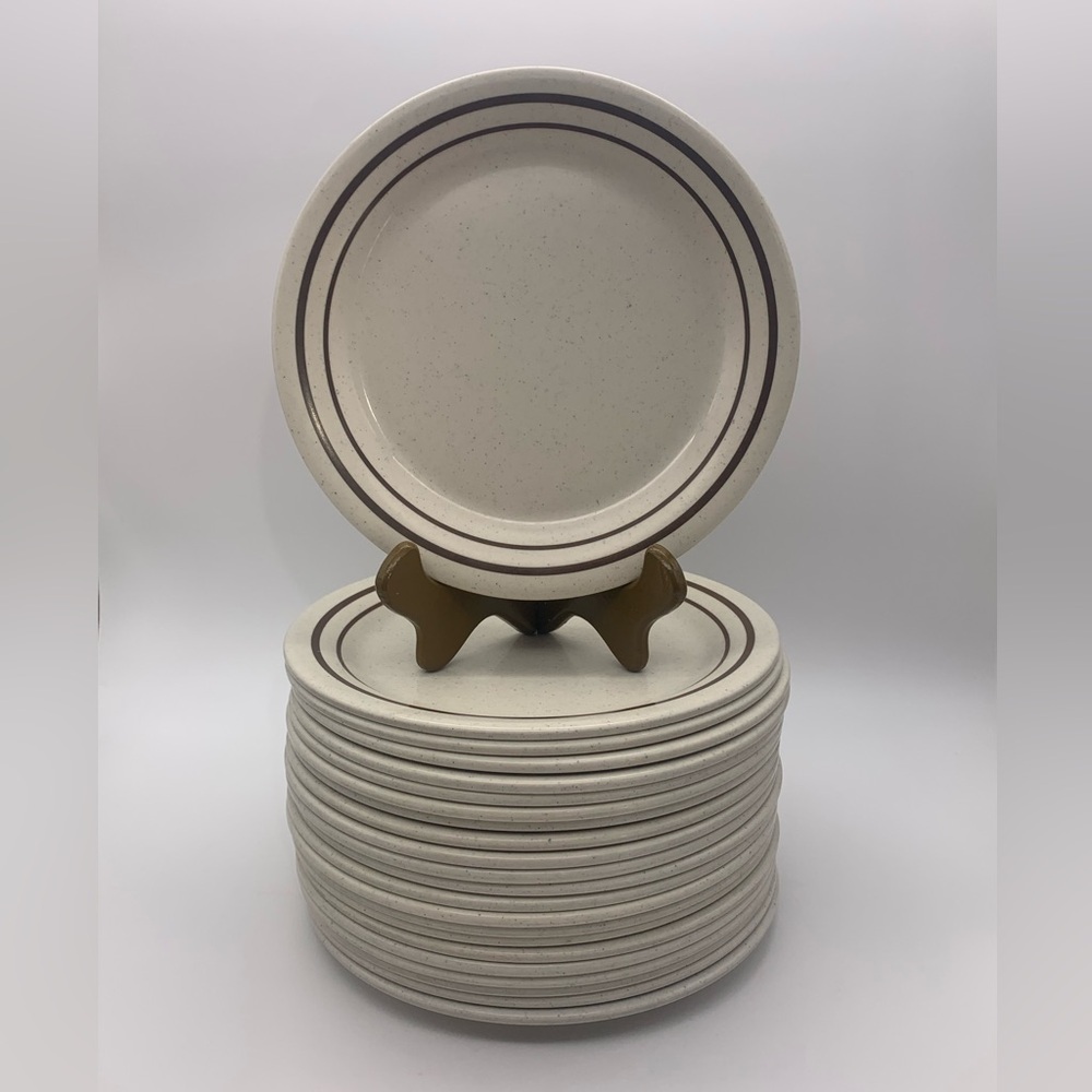Set Of 22 G.E.T. Melamine Vintage Plates 9” #BF-090-A Beige Brown Strips Speckle